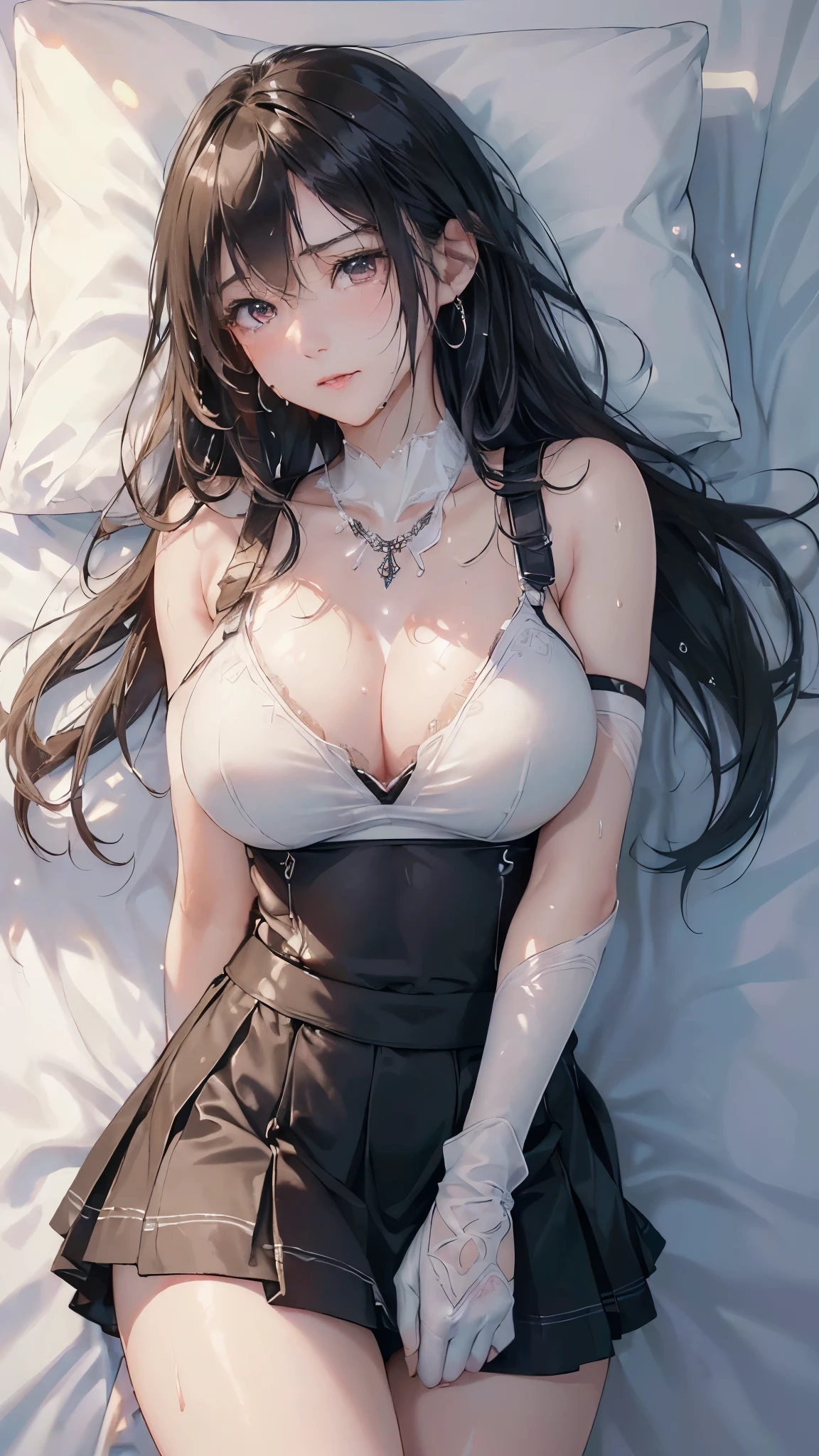  masterpiece, Superior image quality, High resolution, 4k image,photo and gross, photorealistic, whole body, ung teenl, lying on a bed {{{vagina}}}, beautiful face, long black hair, closed eyes, pink cheeks, sleeping expression, choker:1.6, (white collar button down long sleeve shirt), black gloves, gloves that cover hands, (black leather corset), (shiny black miniskirt), Sensual Lips, view from above, looking at the viewer, elegant room, at night