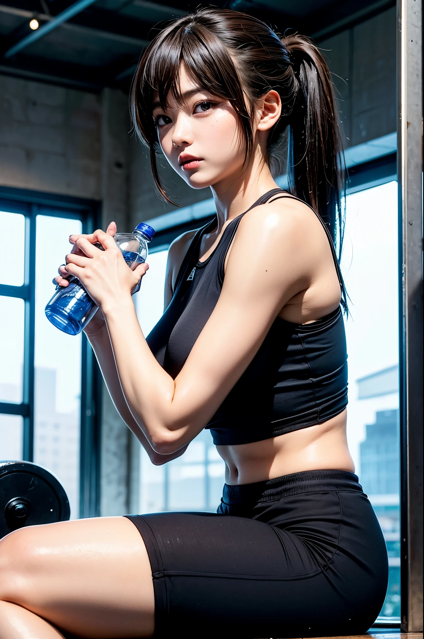 A lady, taiwan girl, Healthy complexion, dark brown hair, High ponytail, beautiful face, beautiful eyes, Healthy body, [[muscle]], Sports vest, sports trousers, in the gym, sports water bottle, serious, train hard, gymnastics, sit_rest, Eevee drawing, (Sweat水), [流Sweat中], [[Sweat_wet]], Depth of Field, Volumetric lights,