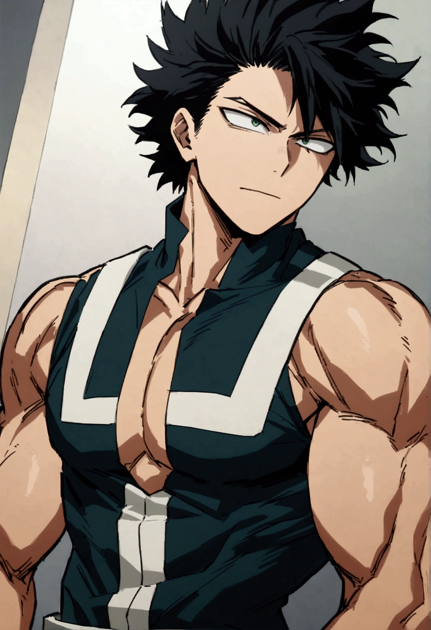He is a 17 year old teenager, He has slightly disheveled very black hair..., somewhat light green eyes, , muscular body , sexy face, He is dressed in the anime male uniform "my hero academia", evil face