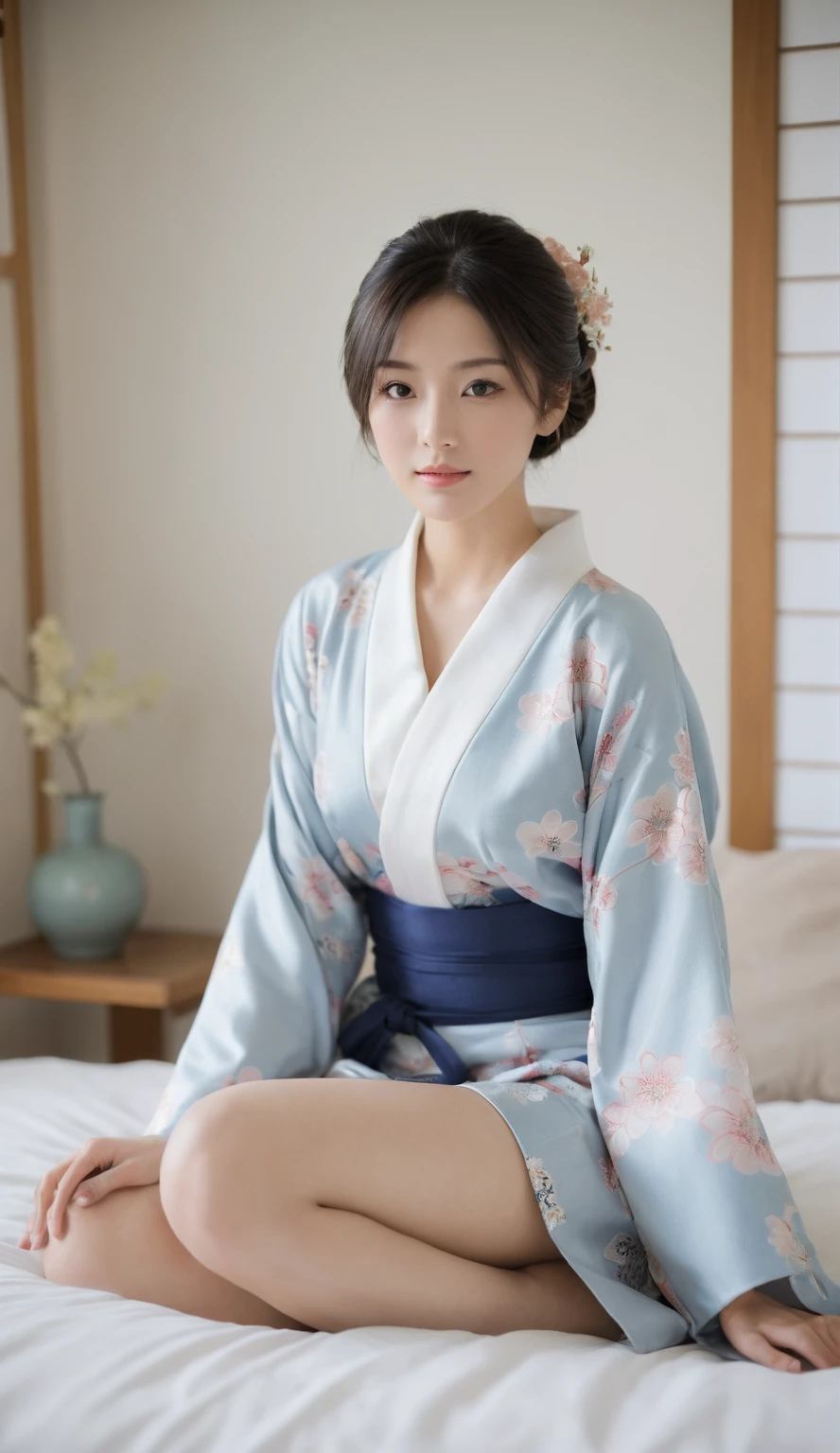 arafed asian woman in a kimono sitting on a bed, in kimono, wearing kimono, yukata, kimono, classy yukata, wearing a kimono, wearing a haori, wearing a simple robe, in a kimono, kimono, japanese kimono, wearing a simple robe, classic kimono, wearing royal kimono, Japanese Model, Traditional Japanese, Japanese style、Open chest