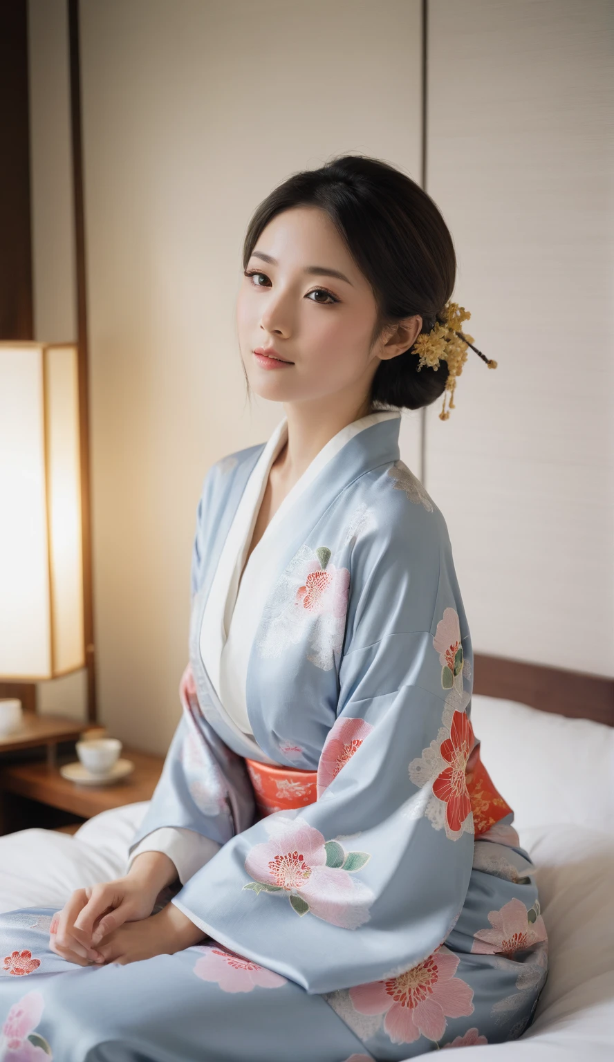 arafed asian woman in a kimono sitting on a bed, in kimono, wearing kimono, yukata, kimono, classy yukata, wearing a kimono, wearing a haori, wearing a simple robe, in a kimono, kimono, japanese kimono, wearing a simple robe, classic kimono, wearing royal kimono, Japanese Model, Traditional Japanese, Japanese style、Open chest