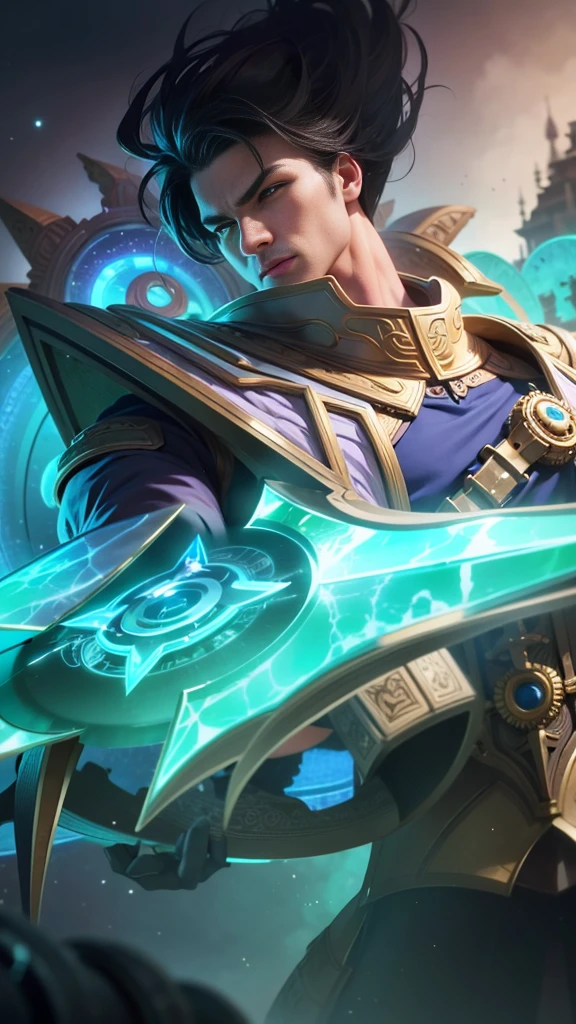 (Intricate Details, Masterpiece, Best Quality, High Resolution, 8k), (1man), (male:1.2), finely detailed eyes and face, toned body, masculine appeal, commanding presence, hot stud, bulging biceps and triceps, well-developed quadriceps and hamstrings, light skin, burgundy straight layered bangs hair, aquamarine eyes, ornate details, portrait, solo, half shot, looking down, detailed background, detailed face, (cogpunkai, cogpunk theme:1.1), tech-mage, [magic|technology], melding of spellcraft and advanced technology, intricate [spellcasting clotheechanical gear], gear shaped glyphs, ancient crystals, [gears|ancient spell], floating particles, [innovative|enchanting] aura, high tech vehicle in background, finely detailed background, Depth of Field, VFX, young man and handsome