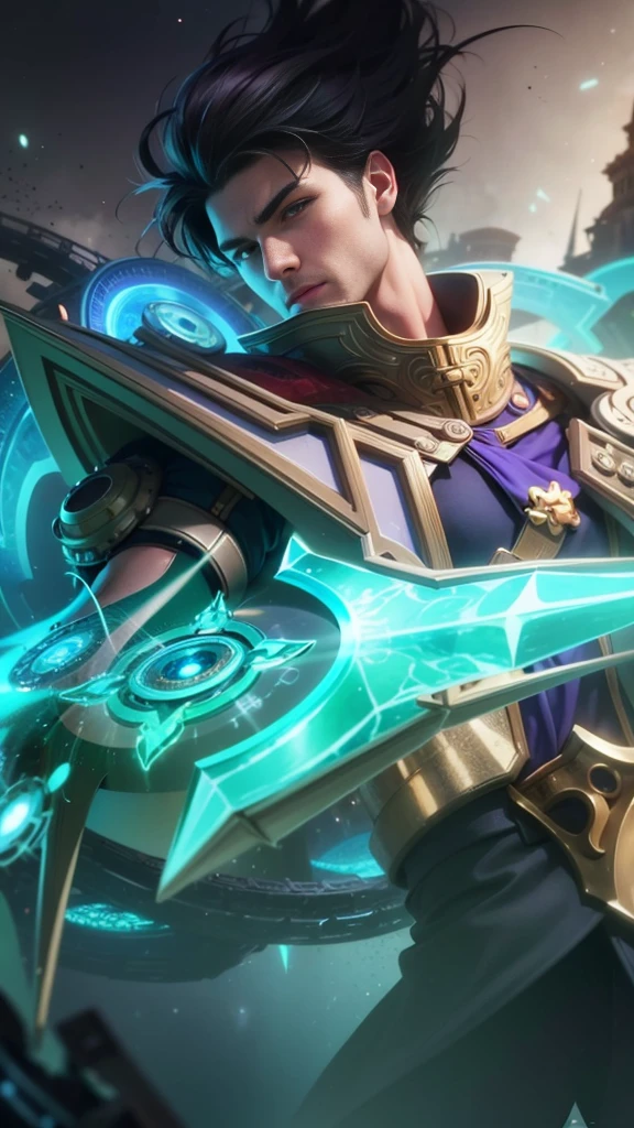 (Intricate Details, Masterpiece, Best Quality, High Resolution, 8k), (1man), (male:1.2), finely detailed eyes and face, toned body, masculine appeal, commanding presence, hot stud, bulging biceps and triceps, well-developed quadriceps and hamstrings, light skin, burgundy straight layered bangs hair, aquamarine eyes, ornate details, portrait, solo, half shot, looking down, detailed background, detailed face, (cogpunkai, cogpunk theme:1.1), tech-mage, [magic|technology], melding of spellcraft and advanced technology, intricate [spellcasting clotheechanical gear], gear shaped glyphs, ancient crystals, [gears|ancient spell], floating particles, [innovative|enchanting] aura, high tech vehicle in background, finely detailed background, Depth of Field, VFX, young man and handsome