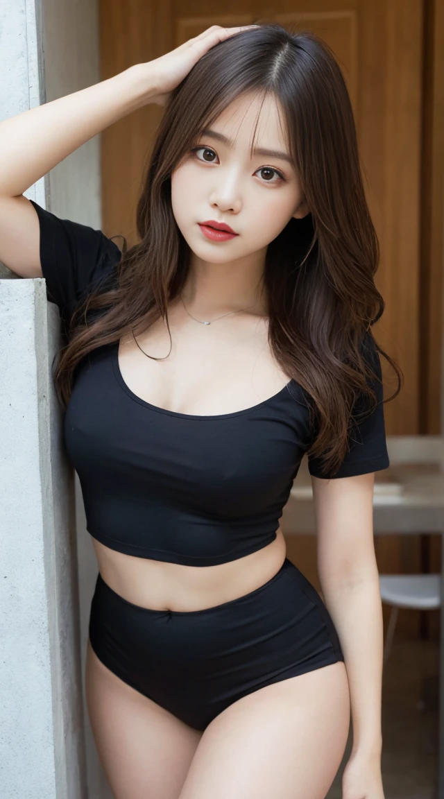 Tabletop, highest quality, figure, Super detailed, In detail, High resolution, 8k wallpaper, Perfect dynamic composition, Beautiful fine details,Wavy Hair,Natural color lip, Bold sexly pose,Big Breasts,20-year-old girl、cute、sexly,bottomless,Narrow waist、Small waist、Thin legs,loose t-shirt,leaning forward
