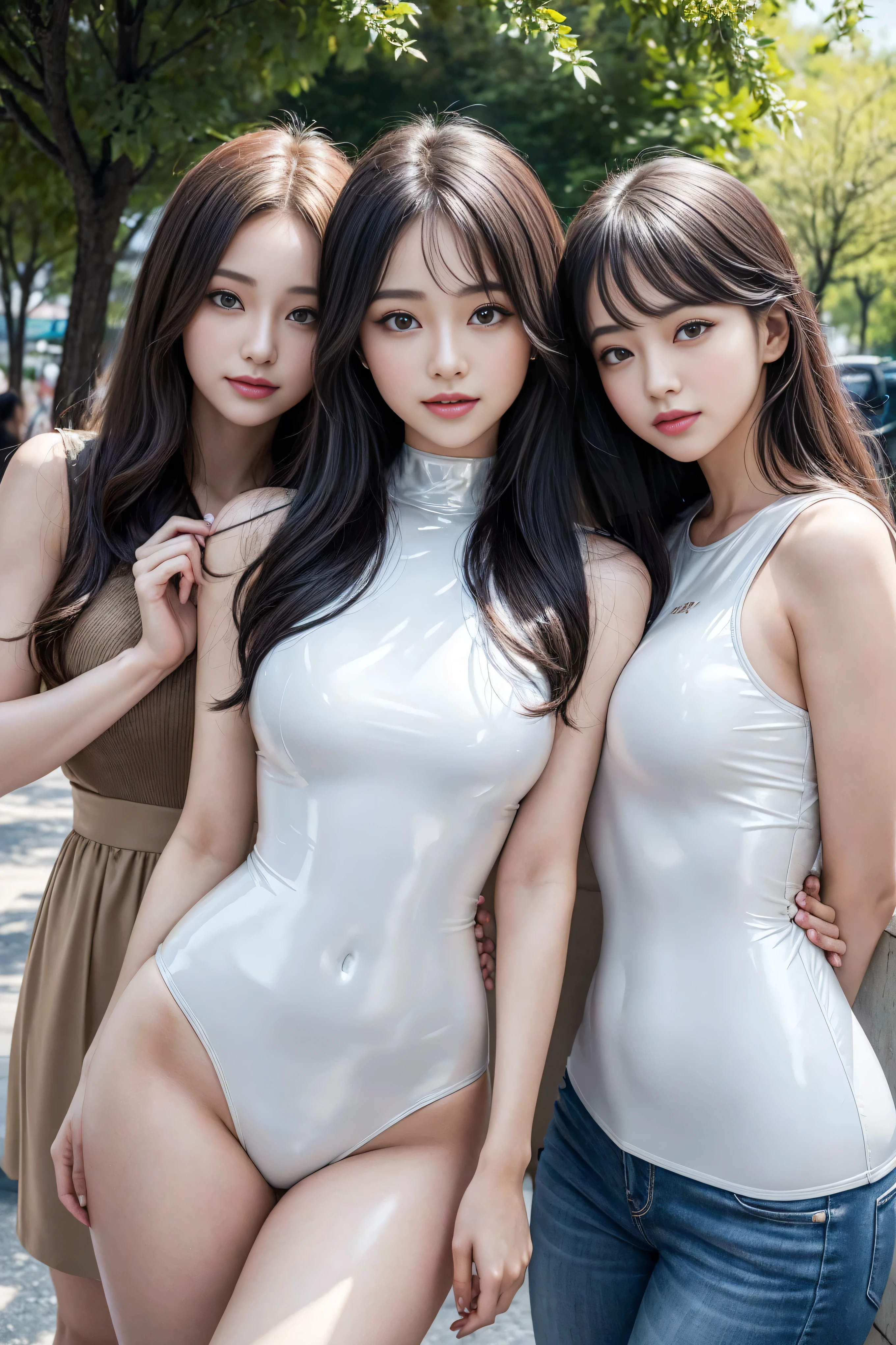 top-quality,​masterpiece,Photorealsitic,Super delicate,drooing eyes,eyes gentle,Semi-long with bangs,Short black hair,Brown Long Hair,(NSFW:1.5),(Three Girls:1.5),(a large amount of mushy white liquid:1.5)