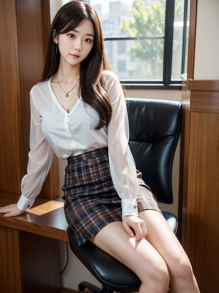 office、Plaid pencil skirt 、Sheer blouse、necklace、(Highest quality)、((Very detailed))、4K、(8k)、masterpiece、Very detailedな、Highest quality、Super Resolution、1 person、Kind Face、Soft Light、RAW quality、Soft Skin、163cm、28 years old、Thighs