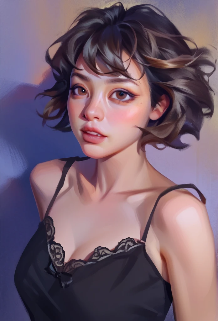smudgy, traditional art, liu2, brush texture, score_9, score_8_up, score_7_up, score_6_up, score_5_up, score_4_up, BREAK 1girl, extreme short hair, black silk nightgown, dark Brown eyes, detailed face shot (masterpiece, high quality:1),