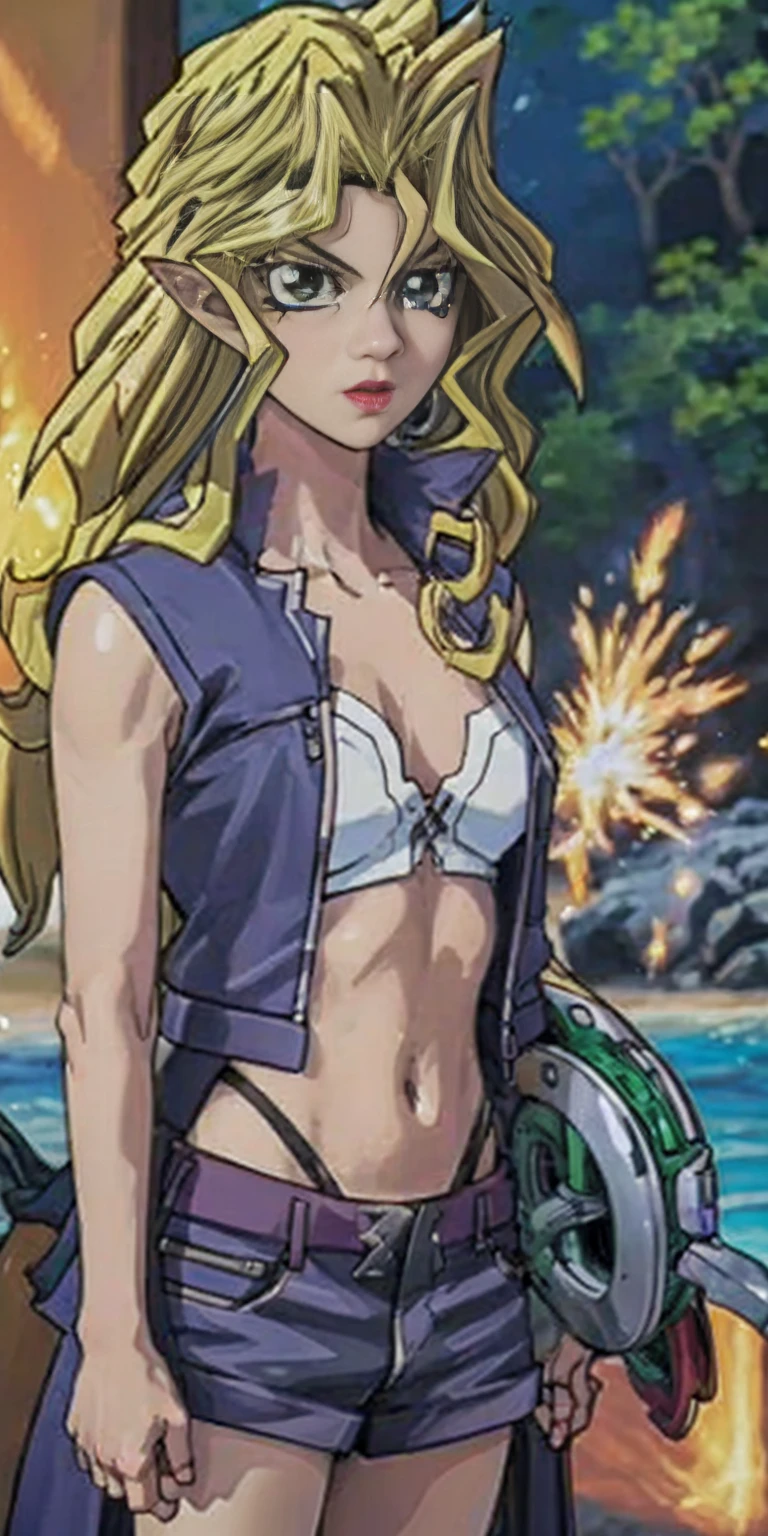 tsundere elf Mai Valentine, long hair, blonde hair (green eyes:1.1) pointy ears, elf, multicolored hair, forehead jewel, yellow tiger bikini, standing symmetrical, blurry background