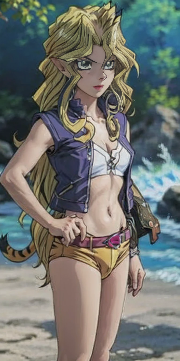 tsundere elf Mai Valentine, long hair, blonde hair (green eyes:1.1) pointy ears, elf, multicolored hair, forehead jewel, yellow tiger bikini, standing symmetrical, blurry background