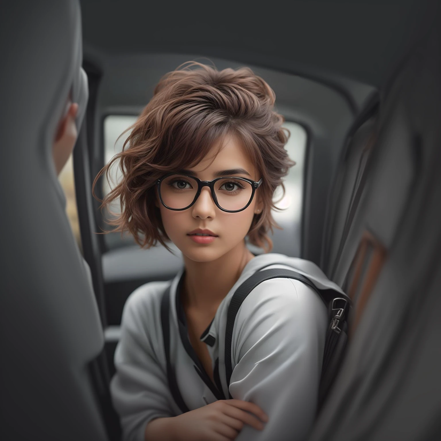arafed woman with copos and a backpack sitting in a car, girl with copos, with copos, girl wearing round copos, with cabelo curto, copos, with copos on, wavy cabelo curto, cabelo curto e ondulado, cabelo curto, cabelo castanho curto e olhos grandes, big copos, eyecopos, wearing copos, thick copos, retrato de alta qualidade, eye copos