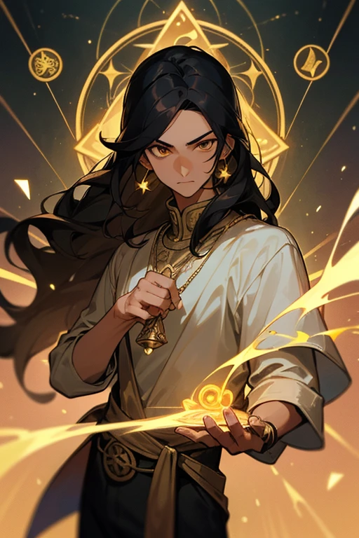 A young 20 year old boy with tan skin, gold eyes, jet wavy chin length hair, with a relaxed but mysterious countenance that makes it obvious that he is a sorcerer with great affiliation to tarot and astrology 