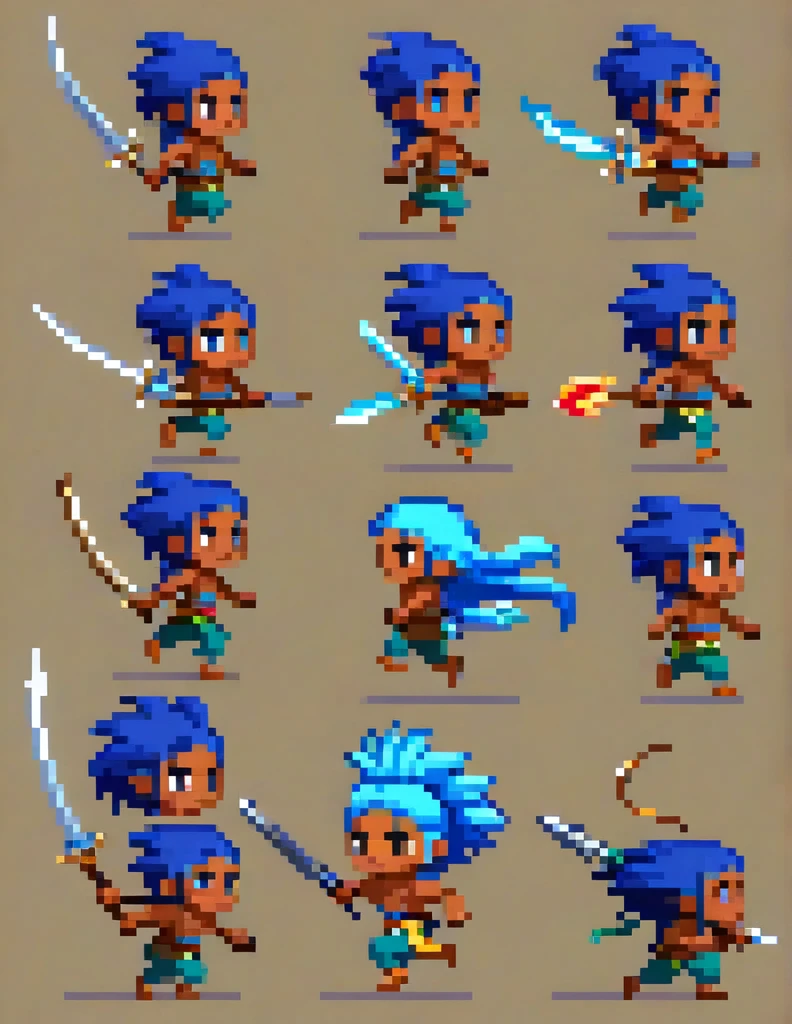 Create a sprite sheet for character animations that includes frames for movement, running, jumping, sword attack, spear attack, and bow attack. Mas o personagem é uma de cabelo azul escuro cor de pele pardo e olhos rosa com uma pequena mochila nas costas de etinia indigena brasileiro