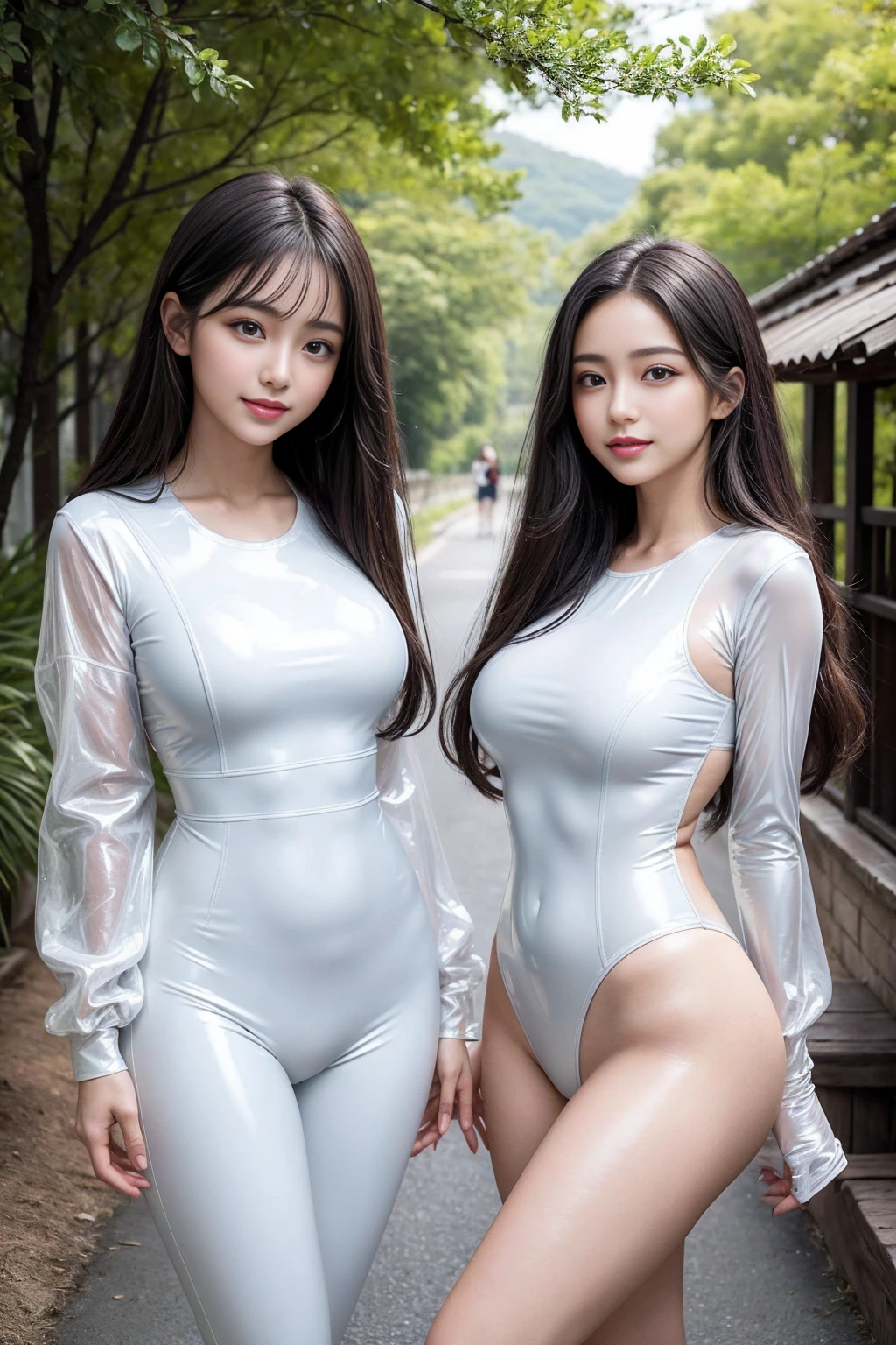 8k, quality, Intricate details, Super detailed, Ultra-high resolution, masterpiece, Random Angle, Extended, Smile,(:0.8), Sexy long legs, (Thigh gap:1.5),Wide hips漂亮的韩国女孩, K-pop idol,(Fair skin), (big eyes),(Smile:0.8),(full sexy lips), ((masterpiece:1.4)、(quality:1.4)、(Practical:1.7))、Super beautiful girl、((2 girls in:1.4))、Skin texture is bright and natural、(Very revealing and sexy clothing)、(Luxurious latex gloss:1.4)、(Luxury white latex:1.4)、author:Royo(Royo)、19 years old、(Look back at the scenery:1.4)、(perfect anatomy:1.4)、(Perfect female body:1.4)、(upper body photography)、(Thigh gap:1.5),Wide hips,Portrait photo of a girl、Close-up photography art、Soft front lighting、beautiful容颜、卡哇伊脸beautiful、full:1.2、beautiful、Hips lifted,Delicate eyes、Clear and eye-catching, 美丽迷人的蓝眼睛beautiful蓝眼睛、Willow Waist、RAW photos、full红唇