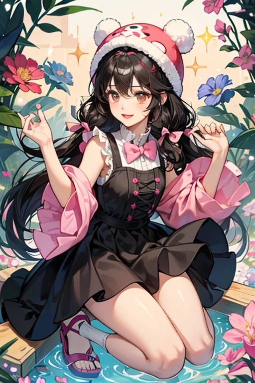 Juli Joyful is a fair skinned girl with big dark brown eyes, and long knee length curly black hair. She has bright red lips. Her accessories consist of a fluffy panda hat, with black ears.

She wears a long sleeveless dress colored in light blue, covered in pink flowers. Her foot wear consist of wooden sandle's with pink bows wrapped around them going almost up to her knees. SPARKLE; GLITTER