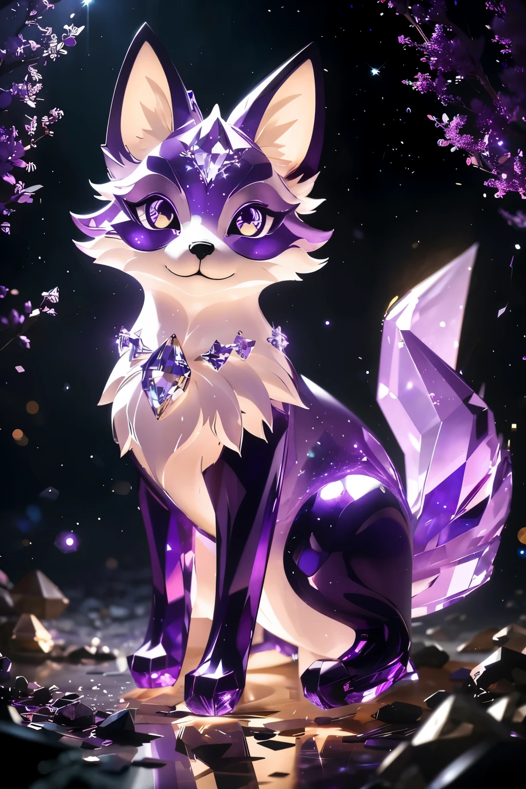 picture of cosmic fox spirit with shiny crystal fur, crystal tail, crystal tail, crystallize tail, glowing purple eyes, starry night forest in background,((best quality)), ((masterpiece)), (detailed), high quality, Surreal art, shimmer, Approaching perfection, Ultra High Quality, Reflective materials, shadowy, Volumetric lighting, 8K resolution, ultra-detailed, crystal fox, detailed eyes, detailed paws, light purple fur, light purple fox ears, well-proportioned detailed purple eyes, (absurderes:1.2), exquisitely crafted fox, night aura, Ethereal,