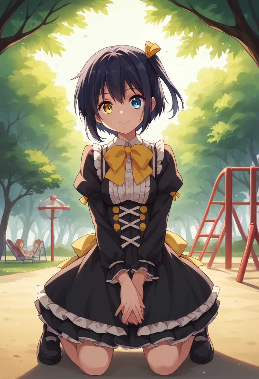 1girl, takanashi rikka, short hair, one side up, black hair, green right eye, heterochromia, yellow left eye,yellow hair ribbon, yellow and black lolita dress, yellow bowtie, frills, kneeling, (Cowboy Shot:1. 5) , BREAK (masterpiece:1.2), Highest quality, High resolution, unity 8k wallpaper, (shape:0.8), (Beautiful and beautiful eyes:1.6), Highly detailed face, Perfect lighting, Extremely detailed CG, (Perfect hands, Perfect Anatomy),dynamic pose, >_<, smile, playground background, outdoors