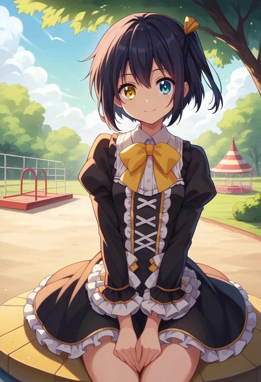 1girl, takanashi rikka, short hair, one side up, black hair, green right eye, heterochromia, yellow left eye,yellow hair ribbon, yellow and black ****ta dress, yellow bowtie, frills, kneeling, (Cowboy Shot:1. 5) , BREAK (masterpiece:1.2), Highest quality, High resolution, unity 8k wallpaper, (shape:0.8), (Beautiful and beautiful eyes:1.6), Highly detailed face, Perfect lighting, Extremely detailed CG, (Perfect hands, Perfect Anatomy),dynamic pose, >_<, smile, playground background, outdoors