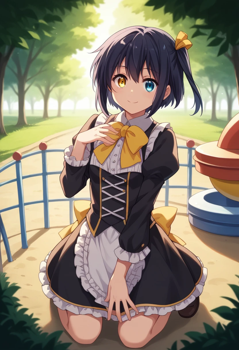 1girl, takanashi rikka, short hair, one side up, black hair, green right eye, heterochromia, yellow left eye,yellow hair ribbon, yellow and black ****ta dress, yellow bowtie, frills, kneeling, (Cowboy Shot:1. 5) , BREAK (masterpiece:1.2), Highest quality, High resolution, unity 8k wallpaper, (shape:0.8), (Beautiful and beautiful eyes:1.6), Highly detailed face, Perfect lighting, Extremely detailed CG, (Perfect hands, Perfect Anatomy),dynamic pose, >_<, smile, playground background, outdoors