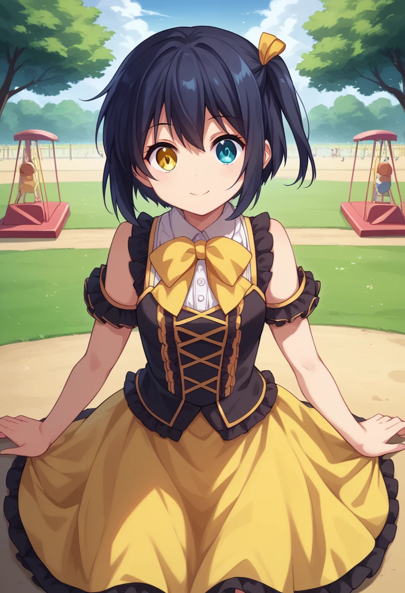 1girl, takanashi rikka, short hair, one side up, black hair, green right eye, heterochromia, yellow left eye,yellow hair ribbon, yellow and black ****ta dress, yellow bowtie, frills, kneeling, (Cowboy Shot:1. 5) , BREAK (masterpiece:1.2), Highest quality, High resolution, unity 8k wallpaper, (shape:0.8), (Beautiful and beautiful eyes:1.6), Highly detailed face, Perfect lighting, Extremely detailed CG, (Perfect hands, Perfect Anatomy),dynamic pose, >_<, smile, playground background, outdoors