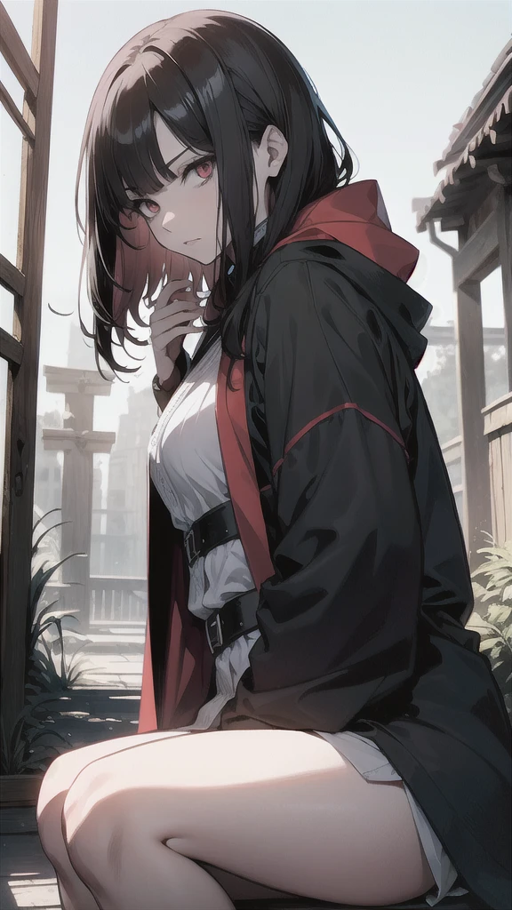 Medieval anime style illustration、Draw a dark and mysterious female half-demon character。. she wears long, A dark robe or cloak with red accents, Featuring medieval elements such as a hood and sleeves. She has a pale complexion, Black hair with bangs, and serious, Introspective expression. A black cat with red eyes sits on her shoulder. The background is dark, Medieval atmosphere with ancient architecture and shadows, Mainly black color scheme. The art style should blend hyper-realism with traditional Japanese manga aesthetics., Emphasis on deep shadows and minimal details to create a mysterious atmosphere.