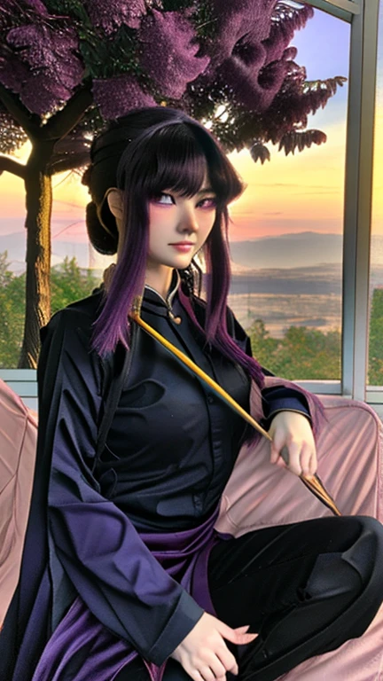 demon slayer anime style,  Kotouji Agamaki, 1 girl 22 years old, serious and calm with gold eyes and pronounced eyebrows, Long straight braided hair surrounding your hair, dark purple hair with the most striking violet tips and two side sideburns of hair and long bangs, She wears a long-sleeved hunter uniform with a dark magenta skirt and everything., a katana, a black japanese coat with gold floral).   Kimetsu no yaiba anime. Sitting on her legs, in a fic, next to a window from head to toe with landscape background of a cherry tree and a sunset,