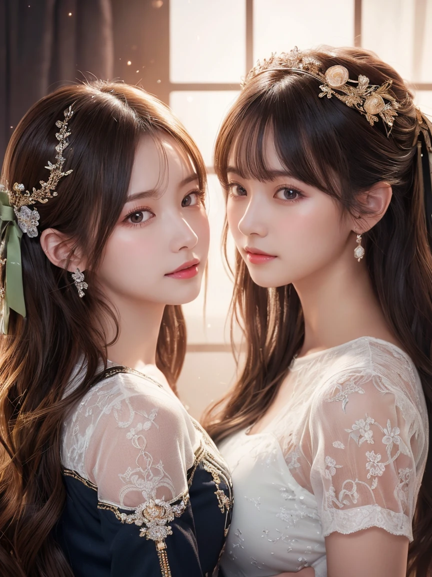 ((Highest quality)),(Ultra-high resolution),(Very detailed),(Detailed Description),((The best CG)),(masterpiece),Ultra-detailed art,two stunning girls are deeply in love with each other,