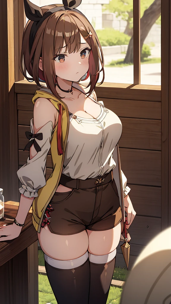masterpiece,hentai, Naked Girls,favorite,Bounce and shake wildly,, 32K,Super detailed,Ultra-detailed,Big Breasts, Vibrant breasts, Short brown hair, shirt, Shorts, Black knee socks, Ryza outfit, loungewear, {{A biological weapon that preyed on the sleeping Ryza and transformed into her appearance, Big bouncing}}, Overall view, Town, NSFW