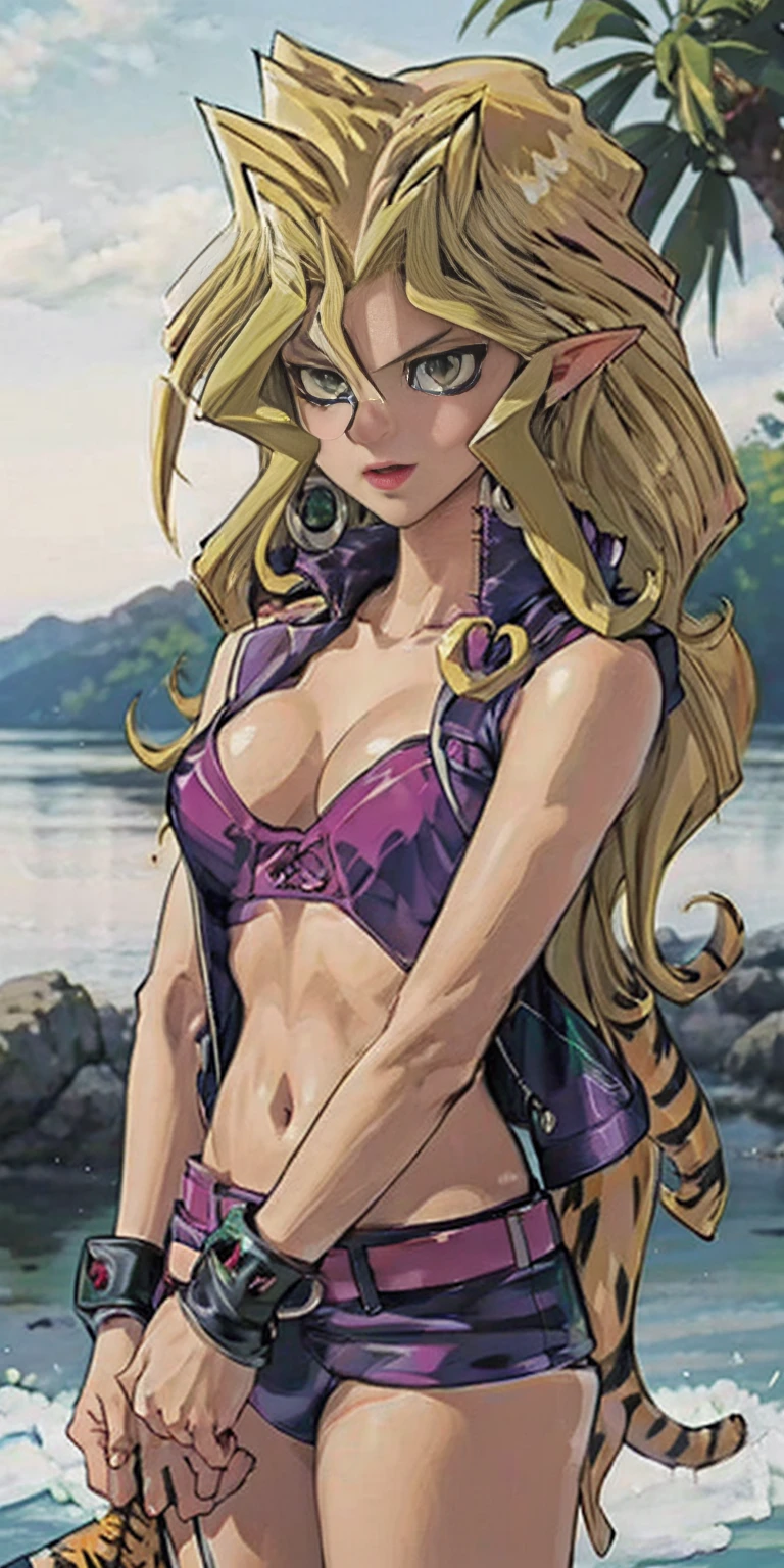 tsundere elf Mai Valentine, long hair, blonde hair (green eyes:1.1) pointy ears, elf, multicolored hair, forehead jewel, yellow tiger bikini, standing symmetrical, blurry background