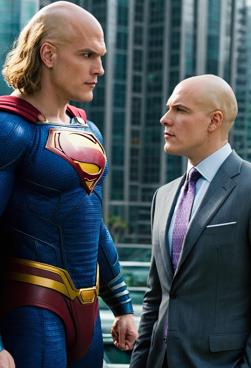 A high-quality photo of Lex Luthor&#39;s entire body, played by Michael Rosenbaum, is a man of medium to tall height, with about 1,83 meters (6 feet) Tall. He has a slim and muscular build, reflecting care for your physical appearance. One of his most striking features is his shaved head., which gives you a distinct and intimidating appearance. His face is angular, with prominent cheekbones and a defined jaw. Your eyes are blue, often described as penetrating and expressive, capable of conveying both charm and menace. Lex has fair skin and is usually seen wearing stylish, expensive clothes., like tailored suits, that accentuate its powerful and authoritarian presence.
