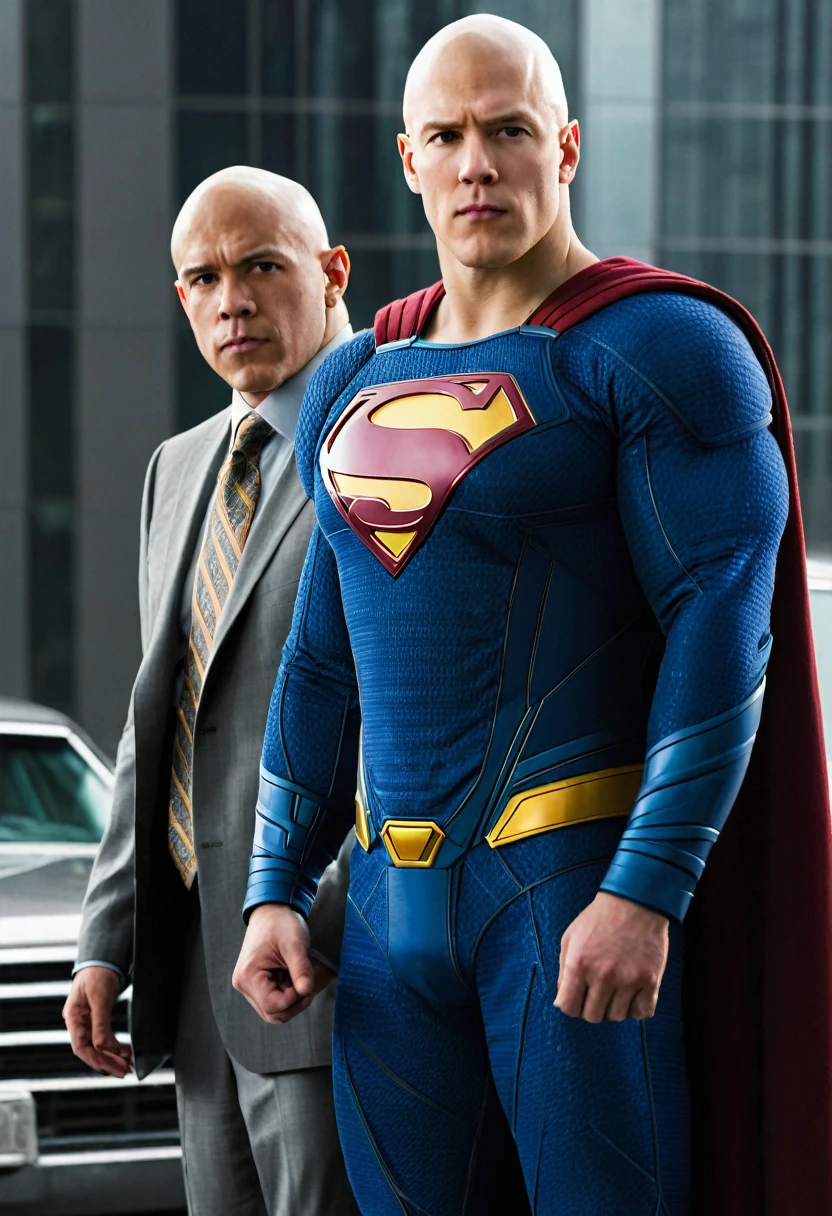 A high-quality photo of Lex Luthor&#39;s entire body, played by Michael Rosenbaum, is a man of medium to tall height, with about 1,83 meters (6 feet) Tall. He has a slim and muscular build, reflecting care for your physical appearance. One of his most striking features is his shaved head., which gives you a distinct and intimidating appearance. His face is angular, with prominent cheekbones and a defined jaw. Your eyes are blue, often described as penetrating and expressive, capable of conveying both charm and menace. Lex has fair skin and is usually seen wearing stylish, expensive clothes., like tailored suits, that accentuate its powerful and authoritarian presence.
