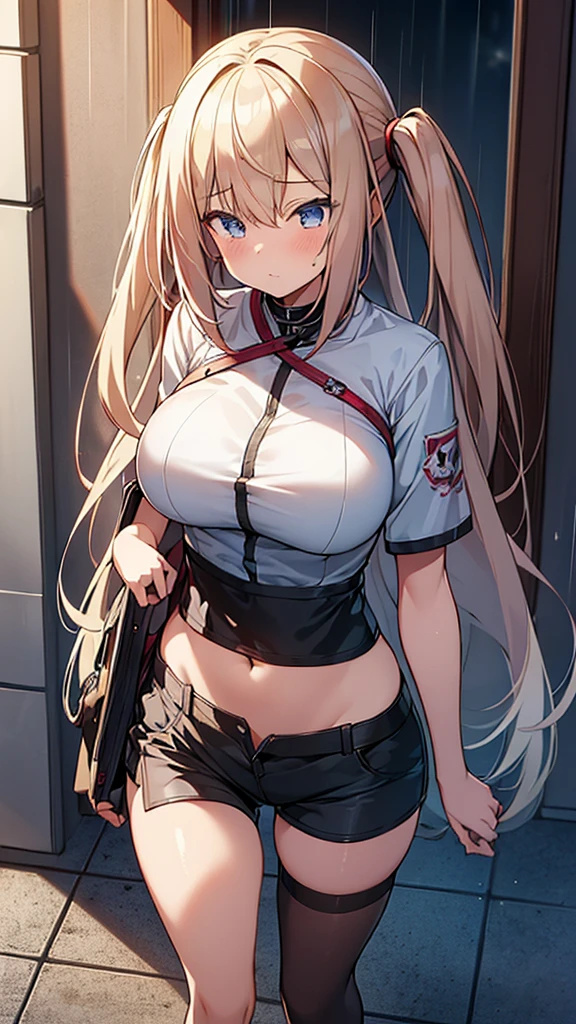 best quality, masterpiece, highres, solo, {graf_zeppelin_kantaicollection:1.15}, blonde_hair, twintails, long_hair, sidelocks, hair_between_eyes, breasts, blue_eyes, (((((large_breasts))))), hat, ((blush)), ((worried)), ((looking away)), peaked_cap, necktie, military, black skirt, short skirt, black tights, cross, blush, 1girl, looking_at_viewer, military_uniform, uniform, iron_cross, black_gloves, gloves, upper_body, ((((chained_superior)))), ((Arms suspended by chains)), arms over head, large breast, indoor, bed room, cabinet, hanged, standing, shy, scowl, teeth, sweat,