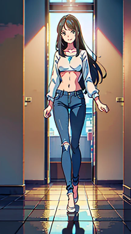 nsfw, masterpiece, best quality, high resolution, 3girls, (jeans pants), full body, (topless), (barefeet), blush, worried, open mouth, restroom, ((((((big pee stain))))))