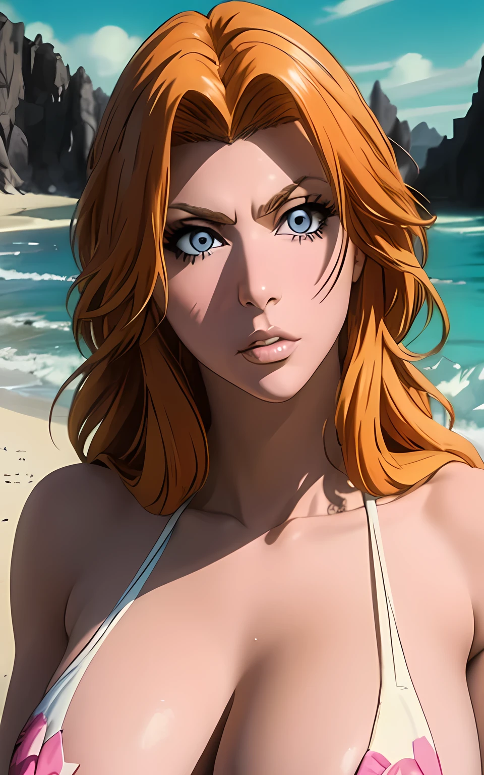 masterpiece, best quality, ultra-detailed, illustration, vibrant details,cinematic lighting,moody lighting (1girl), solo, perfect anatomy, beautiful detailed eyes,(upper body:0.8) , (close-up:0.8), sharp focus, detailed 4k eyes, mature female, milf, breasts, huge breasts, naked cleavage, deep cleavage, bulging overexposed cleavage, gigantic naked breasts, curvy, thicc, kamimura maika, motherly, cute female, plump, wide hips, erect-raised nipples, huge puffy-nipples, outdoors, beach, sea, blue sky, striding forward, (head tilt:0.8) (parted lips, teeth, confident, furrowed brow:0.7), candid, modelshoot style,(fcDetailPortrait:0.8), [simple background:beautiful scenery:0], (best illumination, beautiful detailed glow), unltra-detailed serene eyes, calm eyes, even eyes, eye symmetry, looking at viewer calmly, similar same eyes, eye-highlight symmetry, blue-eyed, blue eyes, same-styled matching eyes, intense gaze, very dark pupils, artwork by dandon fuga, artwork by artgerm, artwork bu yusuke murata, lighting by thomas kinkade, intricately-detailed skin, perfectly-similar eyes, dramatic shadows,