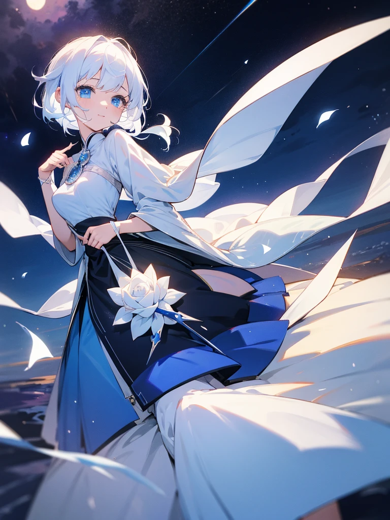 beautiful、ephemeral、Silver Marble Skin、White wide dress、hope、Dynamic Cloud、Highest quality、Shine、goddess、photograph、Streetscape、whole body
