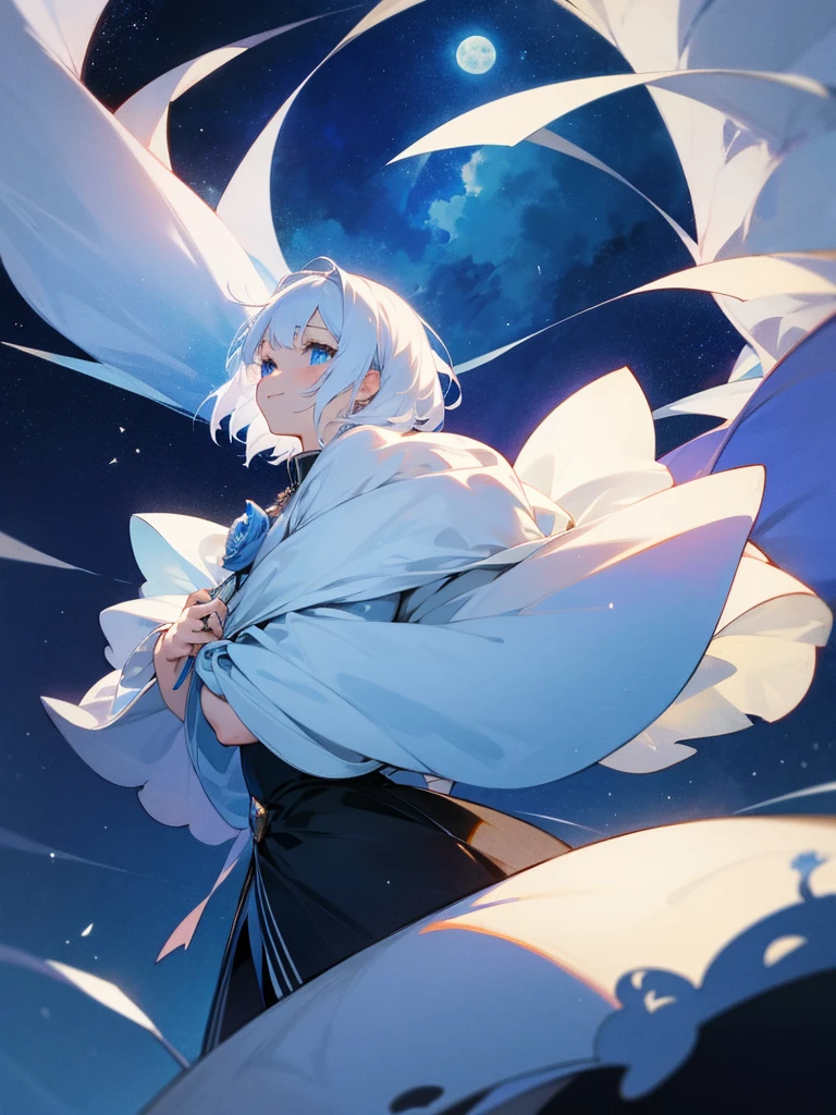 A princess great detective anime girl short white hair beautiful blue eyes under the moonlight with a wide stunning starry sky, carrying a white rose with a smile on her face,kawai art