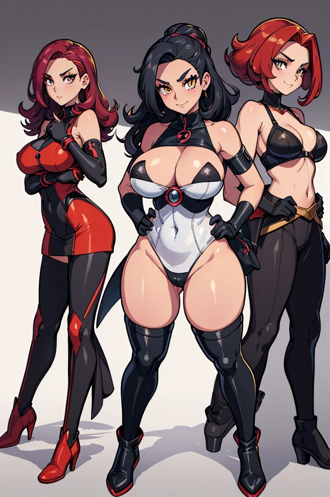 (masterpiece, best quality, high resolution, (pokemon style) ((huge breasts)) 1 girl, very frizzy golden hair, golden eyes, team rocket costume, very sexy black, team rocket black gloves and long boots, smile evil,((white background,)), ((standing full length)),
