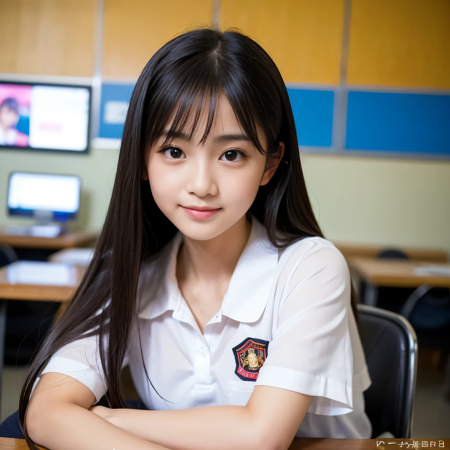 (Best-quality, Masterpiece, Ultra-High-Resolution, (Photorealistic:1.4), Raw Photo, depth of field, professional lighting, perfect anatomy, extremely details), 1girl, 15-years-old, the most famous Japanese idol, wearing Japanese high-school uniform short-sleeve blouse, (extremely cute face like the most popular Japanese idol, (extremely cute and extremely big black-eyes), extremely beautiful black-long-hair, ((extremely beautiful and extremely realistic skins)), extremely cute long-eyelashes, extremely cute lips), sitting on desk in classroom, looking at viewer, innocent smile