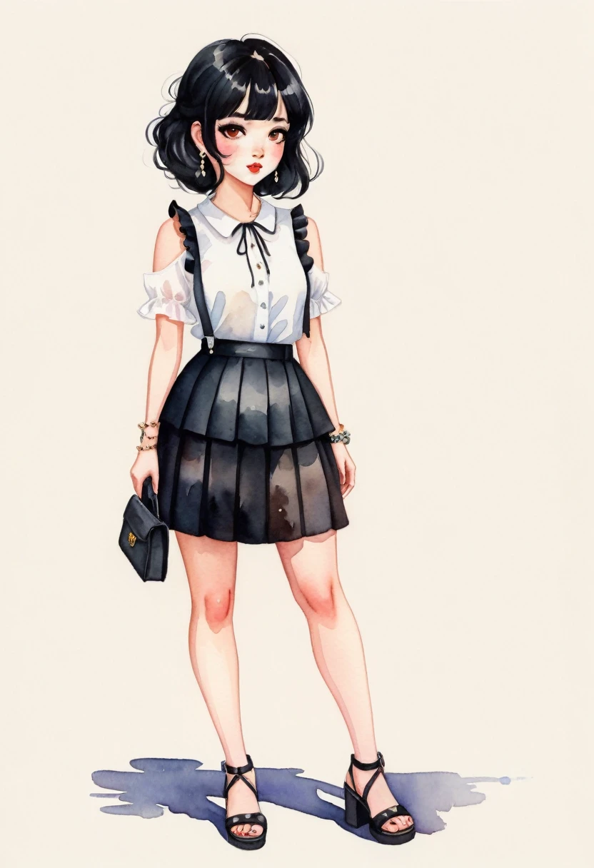 Miniature Painting, watercolor style, cartoonA woman looking straight ahead,Perfect face, she has black hair with bangs, brown eyes, small freckles on her face, earrings in her ears and a chain on her arm. She is wearing a black skirt and white blouse with ruffles. She has black sandals on her feet. watercolor style, kawaii style. high quality, by Harumi Hironaka