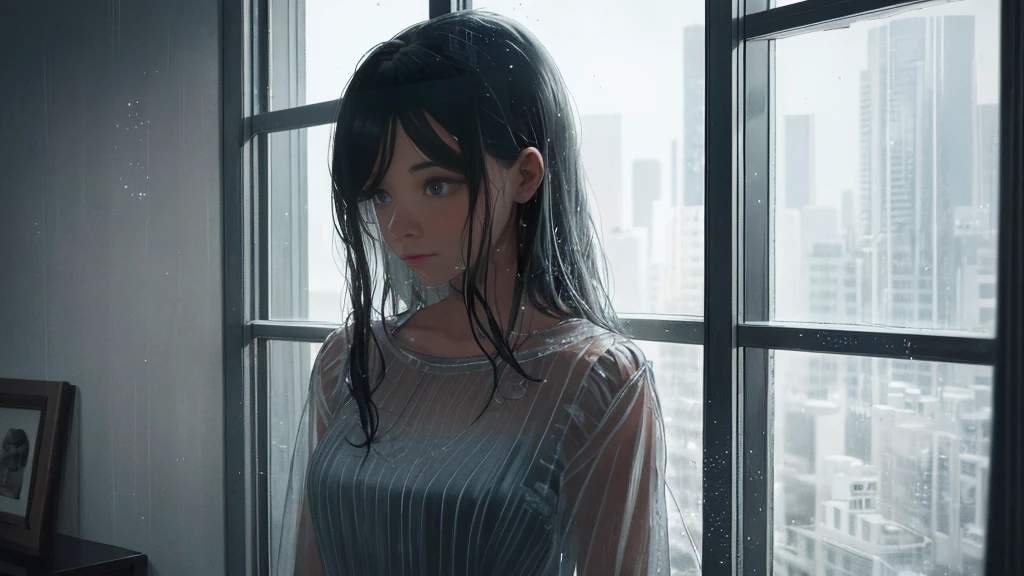 {best quality}, {very aesthetic}, {ultra-detailed}, {8k}, {Super elaborate face}, {Super-smart body}, Wet day, A woman looking out the window indoors, An ennui atmosphere, Super fine hair, flat chest,