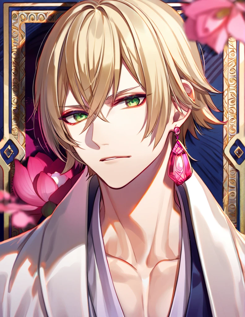 (absurdres, highres, ultra detailed, HDR), master piece, best quality, perfect face, delicate features, vibrant green eyes, solo, man, handsome, Taishakuten, ash-blond hair, hair between the eyes, white tunic, showing the chest, lotus earrings, onmyoji, pink moon, pink flames, pink petals, pink butterflies, angry, 