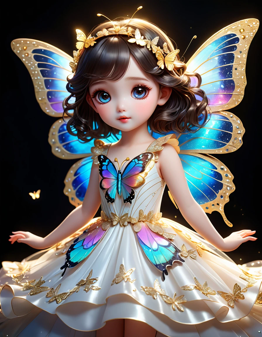 A butterfly flapping its wings in the darkness々Shine、As beautiful as a dream、It touches my heart.、8Old angel girl、Beautiful face in every detail、whole body、White skin、Greek style white dress、bionde、Big cute eyes.,Cute、butterfly々:iridescent:Seven Colors:Illumination:Shine,Dark Background,flash,Very flash,masterpiece,The highest masterpiece,Best Composition,Beautiful sight,dream-like,Gently shinebutterfly々,gracefully,rendering,Unreal Engine,Central Elements,Intricate details,Draw gracefully,With great care,Particles of light:Shine Scale,The trajectory of the butterfly's wings shines,Rich colors,colorful,Anatomically correct,Beautiful light and shadow,Mysterious,Fantasy,Fantasy,digital art