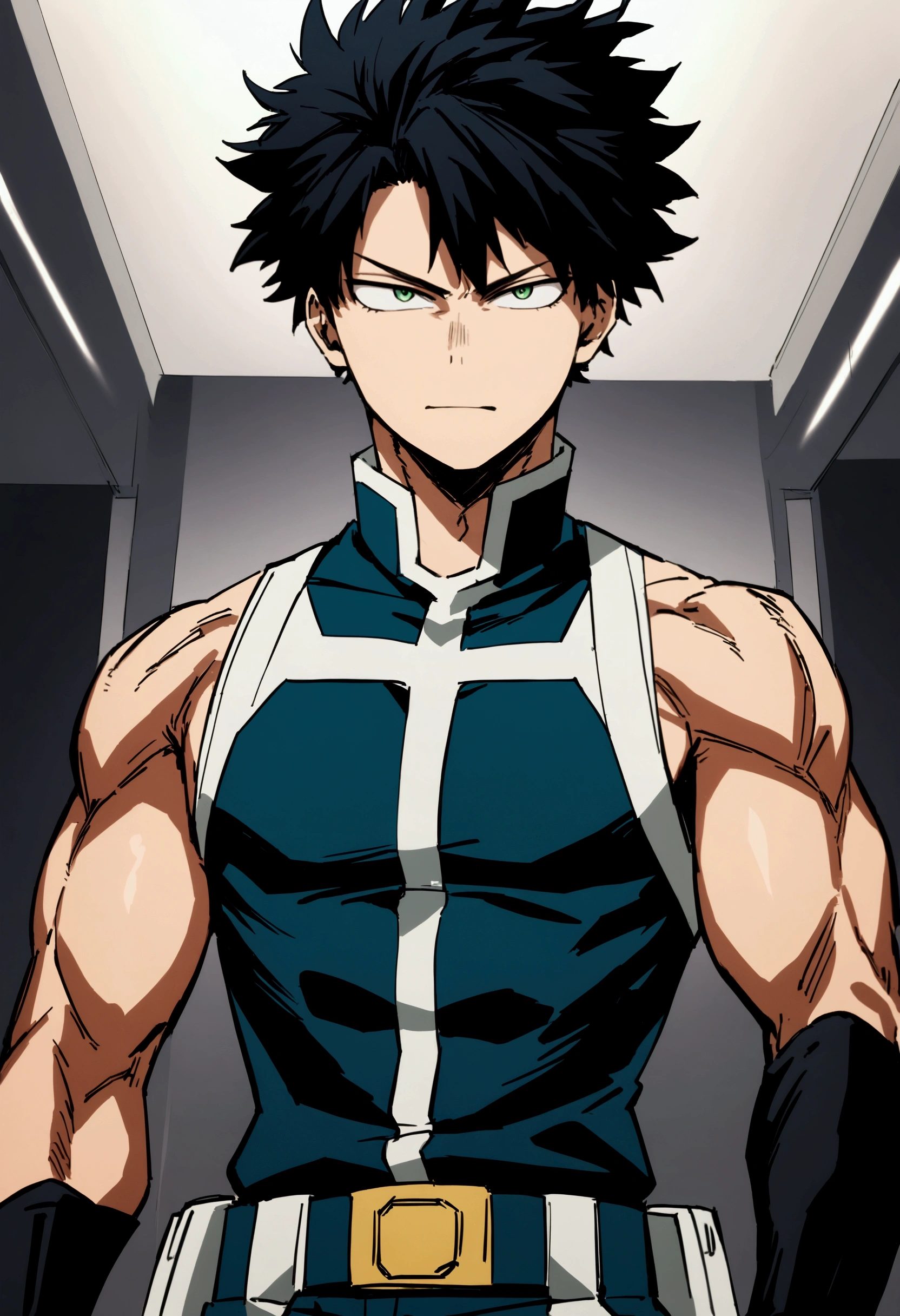 He is a , He has slightly disheveled very black hair..., somewhat light green eyes, , muscular body , sexy face, He is dressed in the anime male uniform "my hero academia", evil face