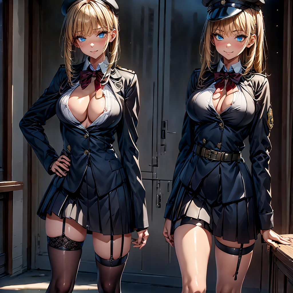 NSFW,masterpiece, Highest quality, One girl,tall,Very long legs, Very large breasts, blue eyes, Sleepy eyes, Big Tits, Black military uniform,Knee-high boots, Black knee socks, Black garter strap, military cap,Standing posture,Low - Angle,laugh at,Thighs,10 heads,Full Body,Shocked face,laugh at,A whip,Torturer,