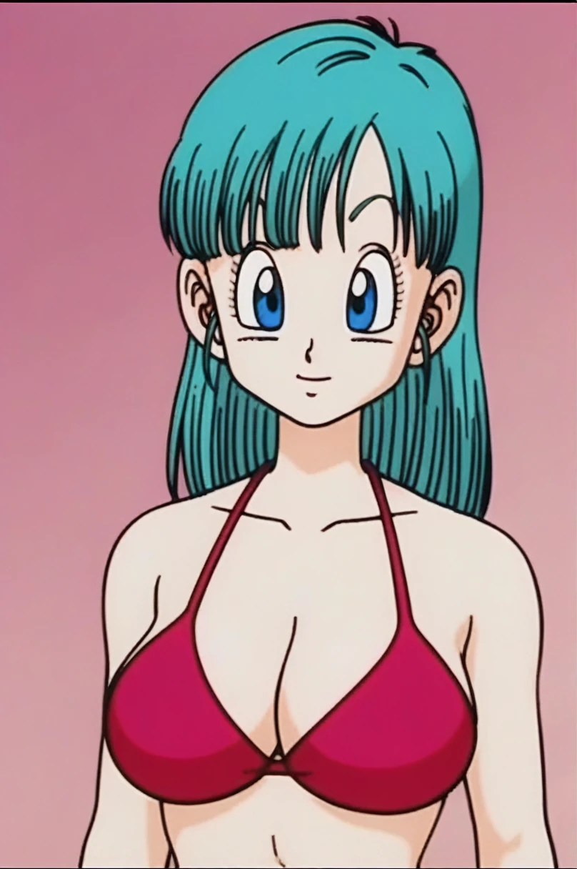 source_anime, score_9, score_8_up, score_7_up, anime screencap, 
bulma \(dragonball\), 1girl, solo, long hair, looking at viewer, bangs, blue eyes, red bikini, standing, upper body, aqua hair, bare feet, collarbone, arms by side, fingernails, big breasts, raised eyebrows, eyebrows, eyelashes,
 