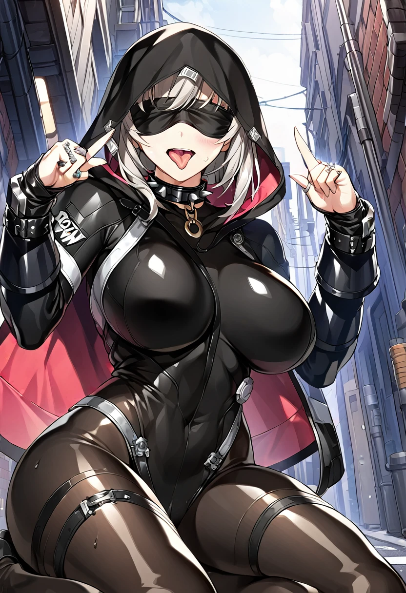 (((Thumb, index finger, middle finger, ring finger, little finger))), (((hands_up, double piece_sign, double_v:1.1, two fingers up))), hood, jacket, (((body suit))), black clothes, black wear, (((black tights))), weapon, cowboy shot, (((blindfold))), beautiful face, masterpiece, super fine illustration, ultra high res, masterwork, best quality, cg unity 8k wallpaper, official art, ultra detailed, squatting, full face blush, smile broadly, evil smile, fucked silly, vulgarity, rape face, open legs, groin, spread legs, head to toe, super detailed skin, (((open mouth, stick out tongue, long tongue, tongue out, tongue))), gleaming skin, oil skin, shiny skin, breasts, black loafers, groin focus, happy, perfect hands, (((perfect fingers))), bangs, perfect anatomy hands, ultra detailed beautiful hands, ultra detailed beautiful fingers, fingertip, clothed,　open legs, groin, spread legs, squatting, string panties, (((breasts skin tight))), extremely detailed beautiful hands, extremely detailed beautiful fingers, outdoor, road background, Alleyway, highly detailed hands, highly detailed fingers, finely detailed hands, finely detailed fingers, super detailed hands, super detailed fingers, frown, furrowed blow, Street light, shiny background, asphalt, five fingers, 5 finger, exquisite detailed hands, exquisite detailed fingers, hyper detailed hands, hyper detailed fingers, tightly gloves, black gloves, shiny clothes, pantyhose, symmetrical hands, sweat, even hands, symmetrical fingers, even fingers,　((((((pow pose)))))), (((clenched hands))), (((spiked animal collar))), wet skin, 