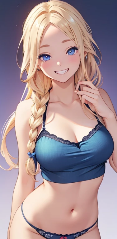 Realistic、1house wife、blonde hair、braid、blue eyes、(eye focus:1.3,face focus,upper body),(gradient eyes:1.3),(camisole sexy panties
)、open mouth,(grin:1.3),forehead,cute face、finger to mouth,
