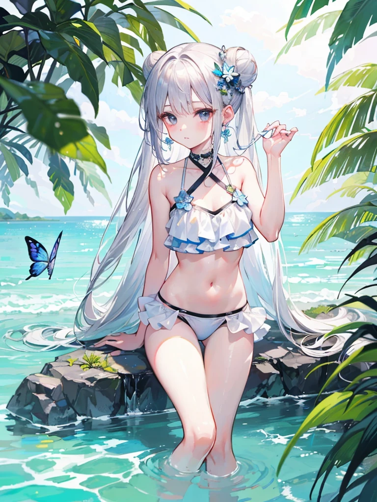 High resolution, masterpiece, accurate, Highest quality, Winner of numerous awards, High-resolution model,
Silver Hair, Wet Hair, Long Hair, Bun ponytail,
slender、
Seaside,
Butterfly Hair Ornament, Crystal Earrings,
Swimwear, Simple bikini, Butterfly anklet standing illustration, whole body