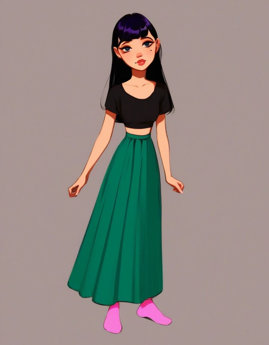 annabelle, 1girl, solo, full body, long black hair, black eyeliner, mole on right cheek, black crop top, desaturated green skirt, purple pants, light pink socks