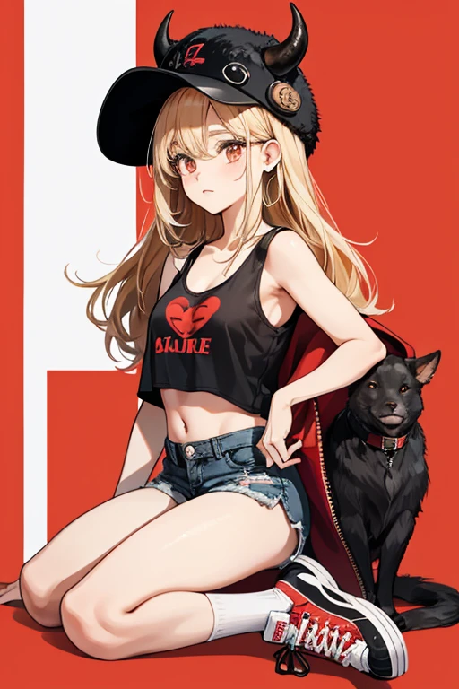 SHE has brown skin, and straight blonde hair. She has big brown eyes. HER accessories consist of a furry black bull hat.
HER outfit consist of a red tank top with black and white on the ends. On hER tank top it says "Malibu" with the number "22" On it. HER shorts are red and says "MALIBU" on the side. The middle of hER shorts has black string, HER socks are black with a white stripe near the top. HER red sneakers are white on the bottom with black shoe laces. SPARKLE; GLITTER