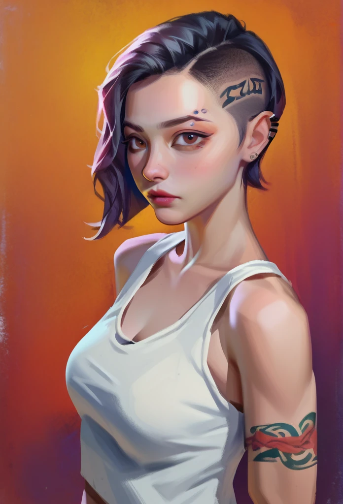 smudgy, traditional art, liu2, brush texture, score_9, score_8_up, score_7_up, score_6_up, score_5_up, score_4_up, BREAK 1girl, shaved hair, latin girl, dark Brown eyes, tattooed, tank top female, looking for the viewer, detailed background, detailed face shot (masterpiece, high quality:1),